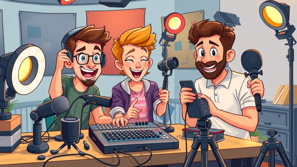 content creator team testing lighting and sound for creating video content