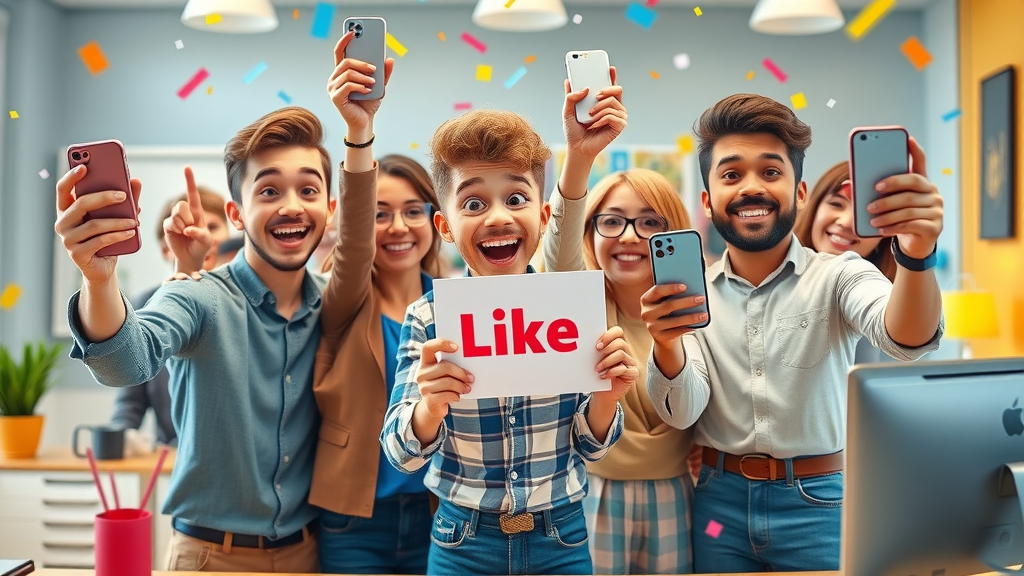 team celebrates increased social media engagement metrics on mobile devices