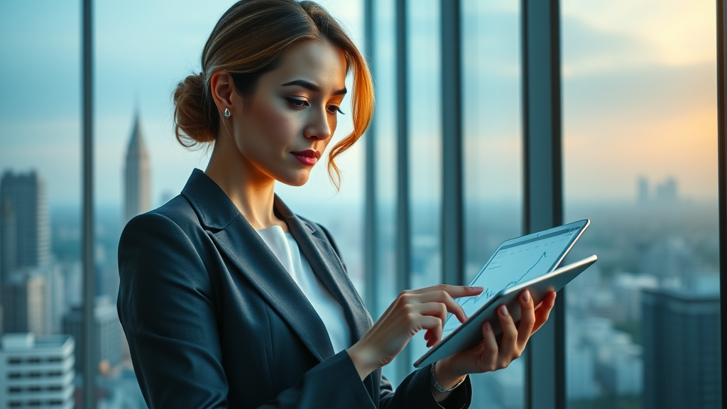 Businesswoman analyzing market trends for brand awareness, data visualizations and tablet
