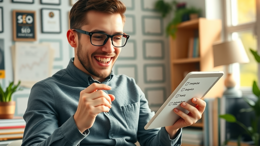 SEO specialist checking off quick off-page SEO wins on a digital checklist
