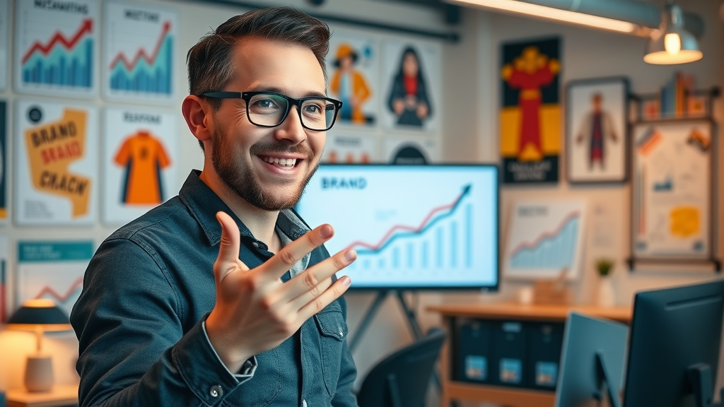 Entrepreneur presenting strong brand awareness growth concept with upward trending data