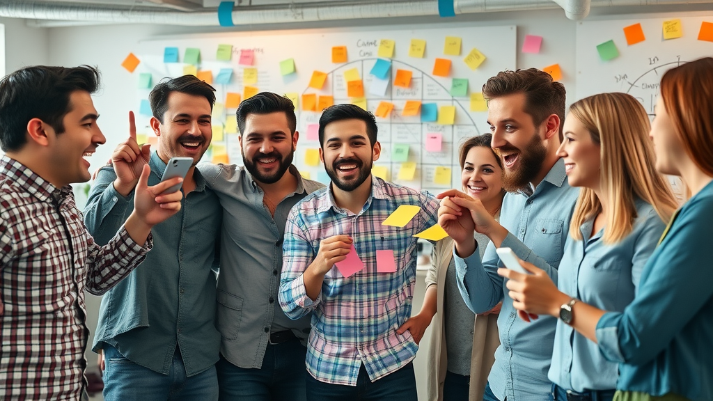 Ambitious marketing team brainstorming agile solutions with benefits of fractional CMO, creative agency environment, marketing leaders collaborating