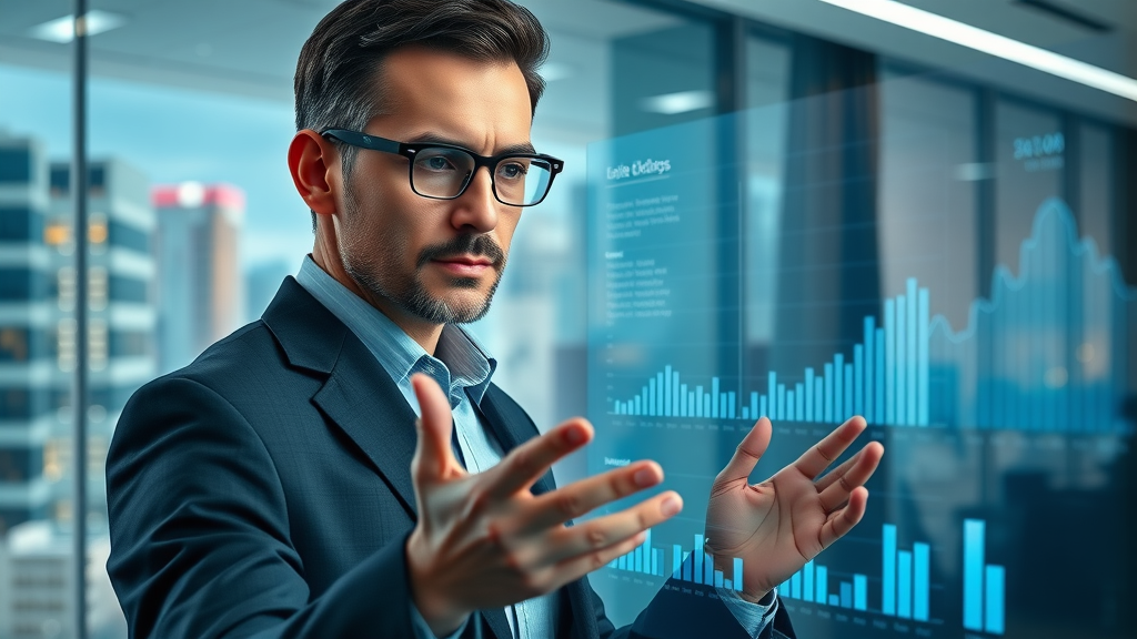 Modern business leader reviewing digital marketing analytics, benefits of fractional CMO, transparent data display, sleek office, marketing strategy evolution
