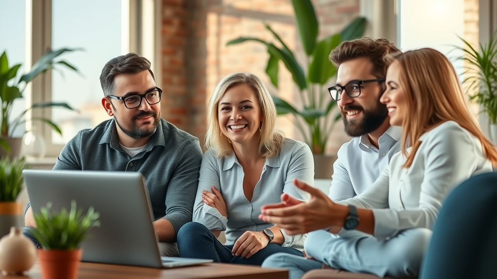 Small business owners engaged in a presentation with part-time chief marketing officer in cozy modern office.