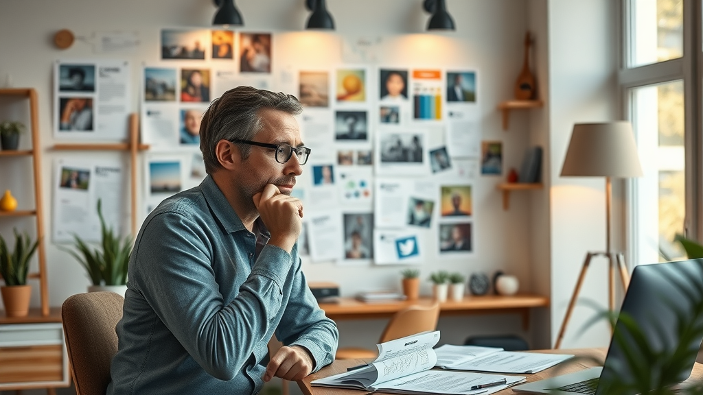 Strategist reviewing social media campaign mood boards and ideas