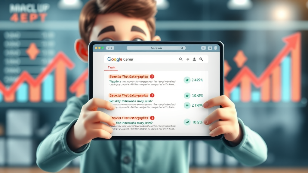 Infographic showing a search engine results page highlighting first page SEO wins and website ranking arrows.
