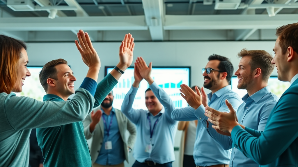 happy marketing team celebrating successful campaign and measurable results in a modern office
