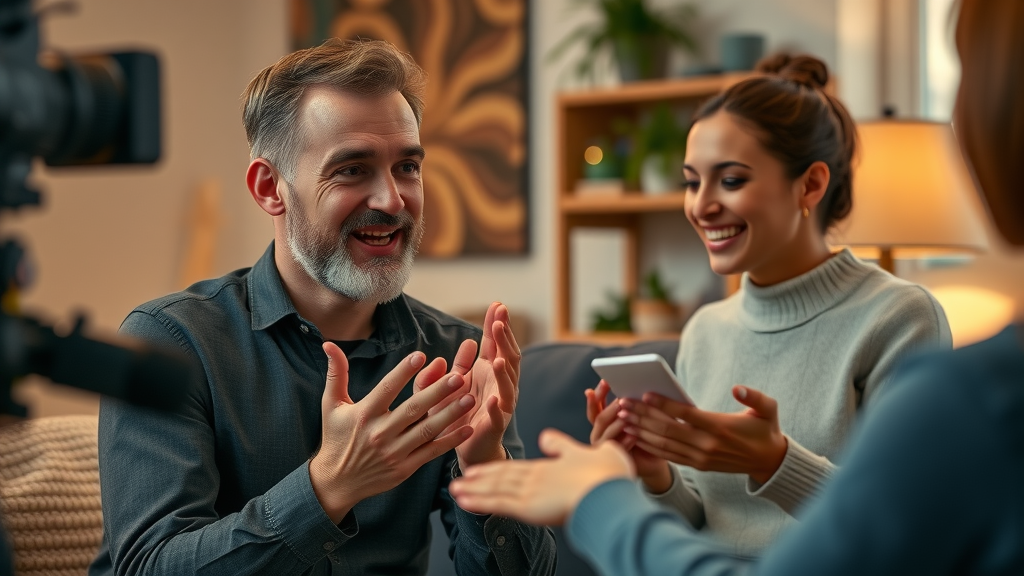 emotional customer testimonial video; sincere customers sharing experiences on camera in a warm studio