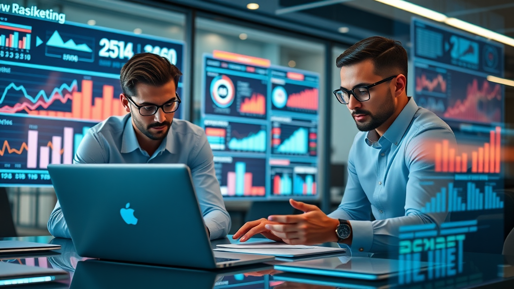 digital marketing trends workspace professionals analyzing charts around high-tech displays