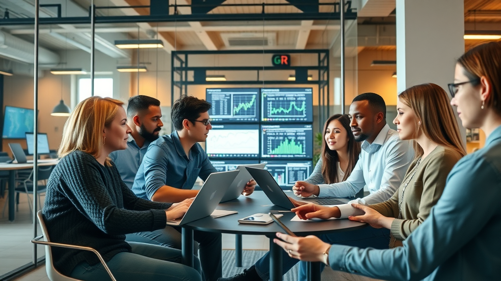 social media advertising media professionals reviewing digital ad data in a modern agency office