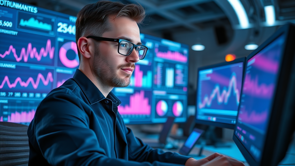 data analyst monitoring video performance analytics for social media video marketing metrics in modern office