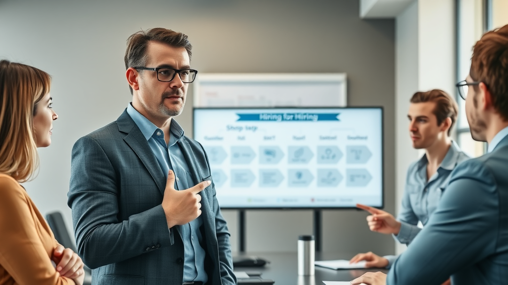 Experienced consultant explaining step-by-step hiring process for fractional CMO, hiring flowchart, professional meeting with business owners, actionable onboarding