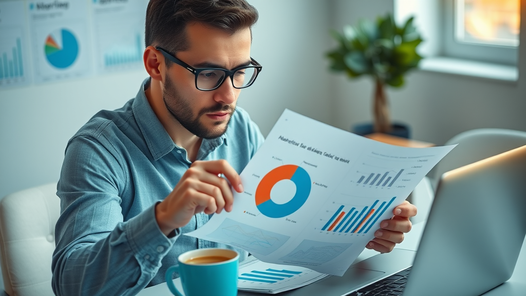 Analytical marketer comparing pie charts and bar graphs for cost-effective marketing management options