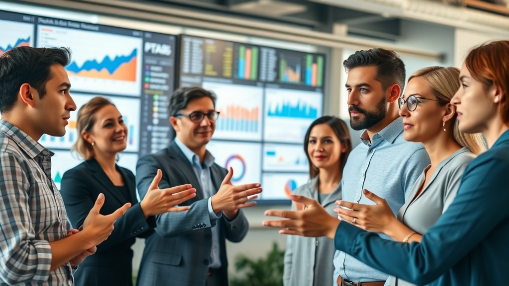 social media marketing dynamic team analyzing social media analytics in a modern office