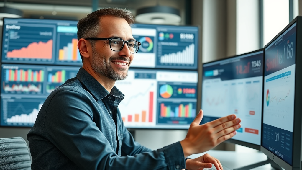 analytical digital marketer reviews social media ad performance dashboard with key marketing metrics