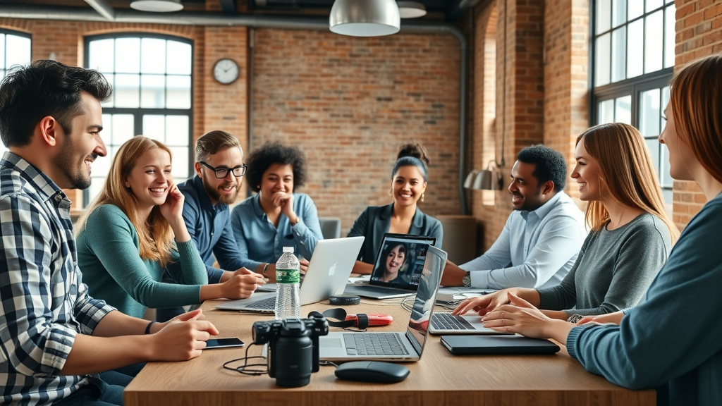 video content creation diverse group creative workspace brainstorming