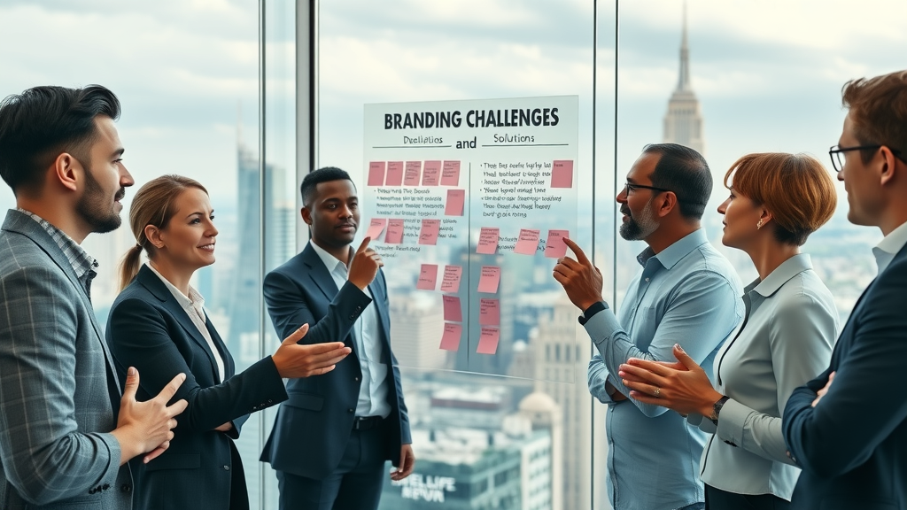 Executive team reviewing brand management challenges and solutions in a high-rise office