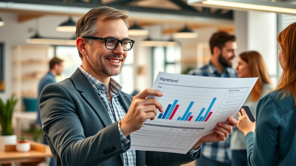marketing strategy consultant reviewing campaign success charts with team