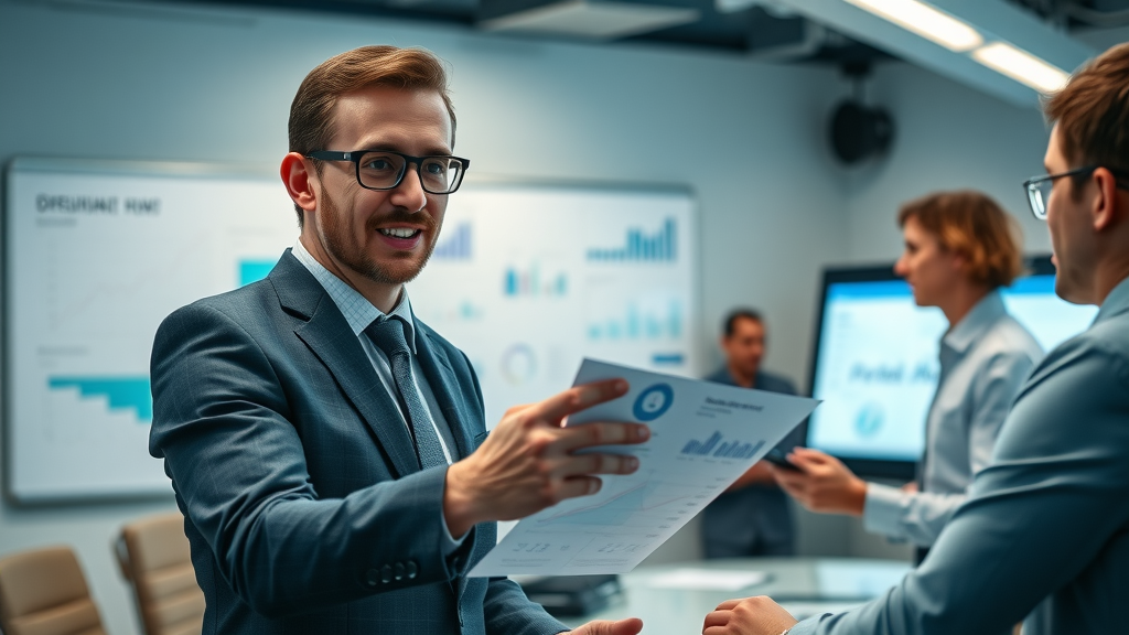outsourced cmo presenting marketing data to executives in a high-tech boardroom setting
