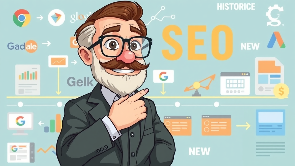 Historic evolution of SEO: illustrated timeline with search engine logos, website designs, and digital marketing milestones.