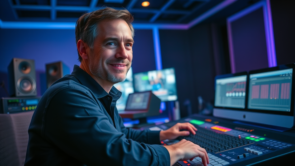 sound designer adjusting levels for engaging video content in a professional studio setting