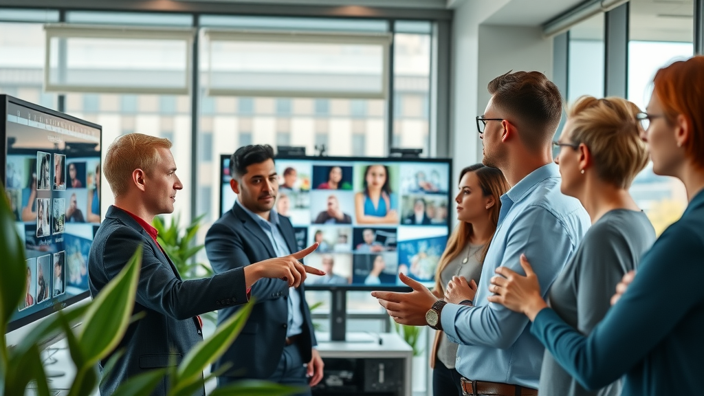 modern marketing team analyzing digital video marketing trends on screens in a contemporary office