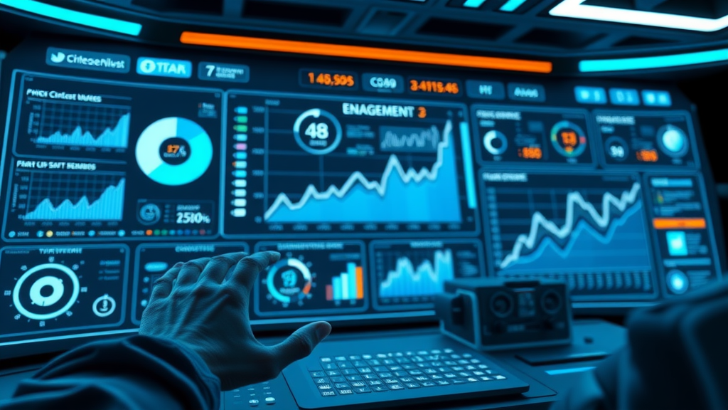 media engagement metrics futuristic dashboard digital charts and graphs