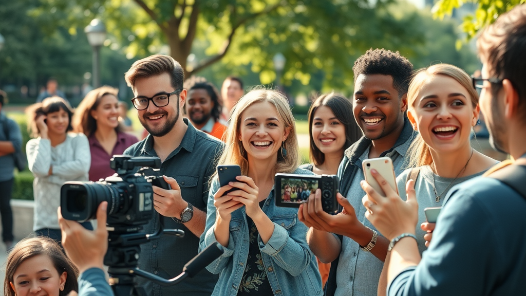 diverse community creating user-generated video content in an outdoor city park