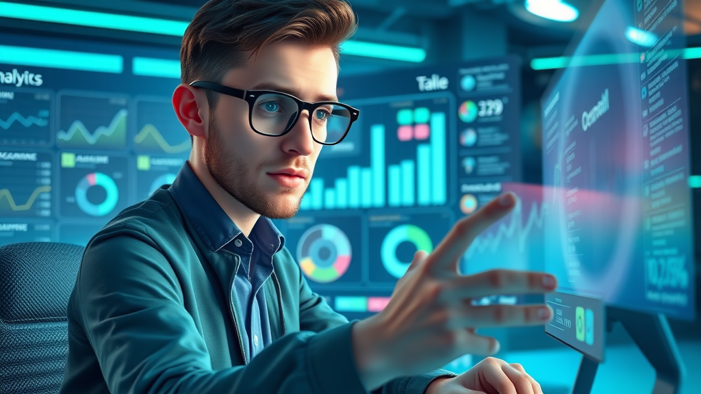 analytical marketer reviewing influencer analytics dashboard in futuristic workspace, glowing holographic charts and data