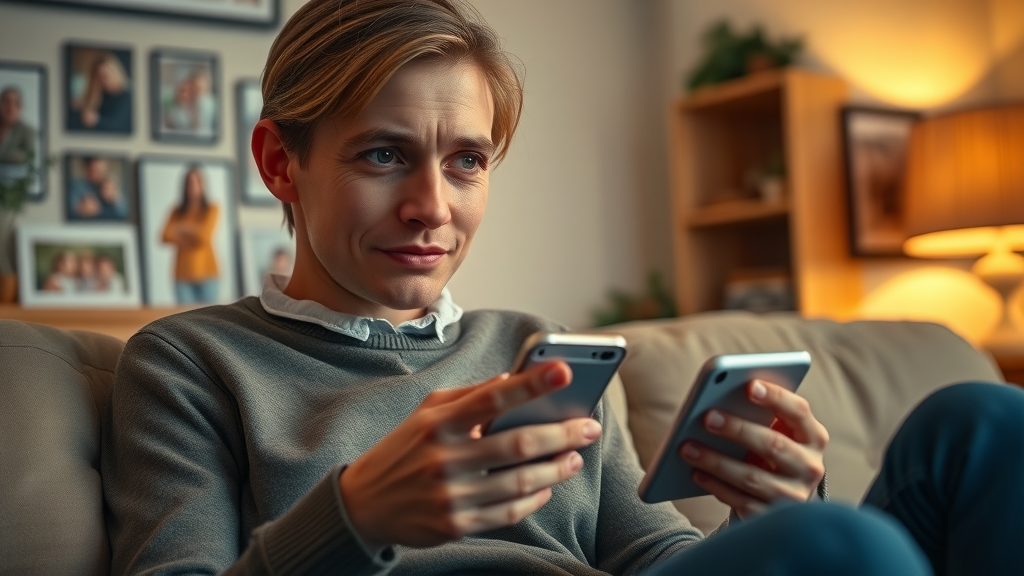 viewer emotionally moved by engaging video content, holding smartphone in a warm, cozy setting