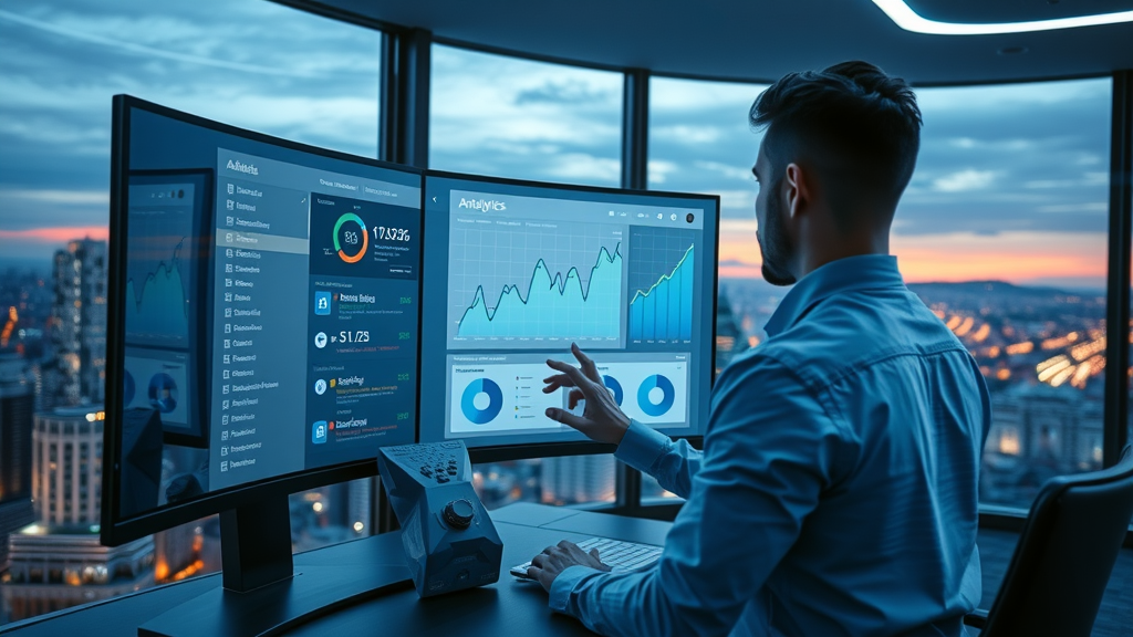 modern marketing analyst working with Google Analytics dashboard on a curved monitor, video marketing analytics integration, high-tech office backdrop
