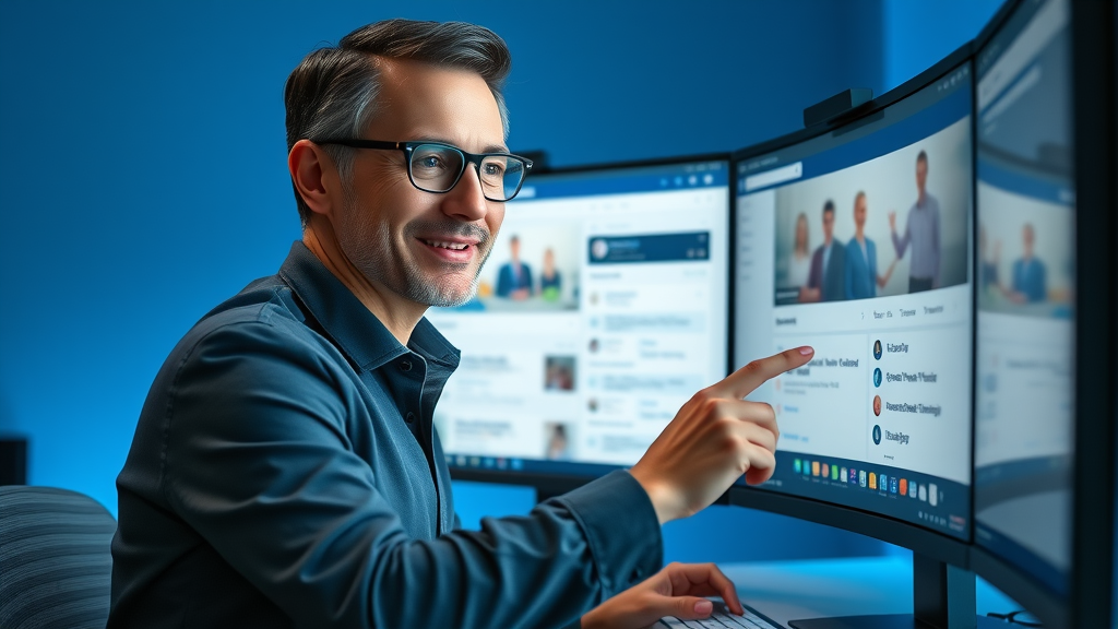 Marketer using Facebook Ads Manager to optimize paid social campaigns in modern tech workspace, dynamic interface on computer