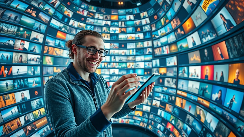 digital library, free video clips, happy creator exploring online video assets, futuristic vibrant workspace, thousands of free stock videos