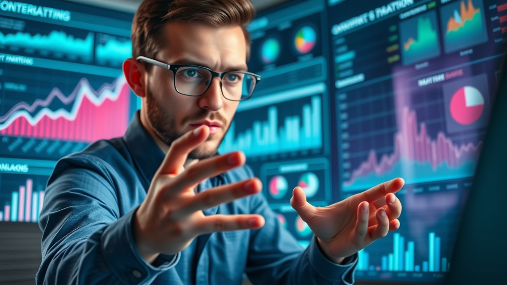 focused digital analyst reviewing conversion metrics and video marketing optimization strategies on digital dashboards, video analytics and conversion rate analysis