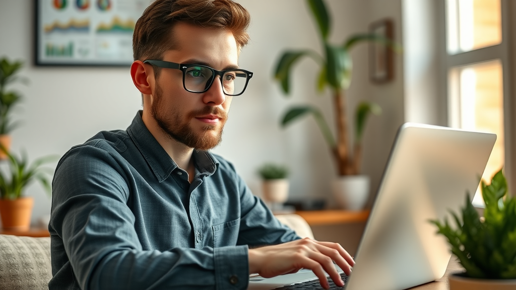 digital marketer examining video marketing analytics metrics on a laptop at home, reflection of analytics in glasses, video performance analysis