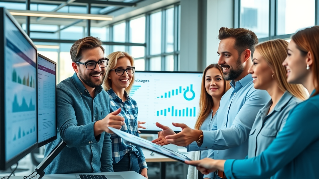 influencer marketing team analyzing influencer campaign results in a modern office environment, photorealistic, cool blue tones, active discussion at analytics screens