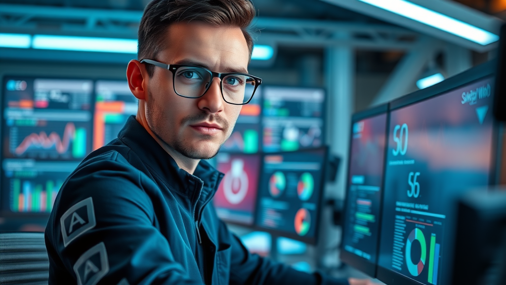 futuristic seo digital marketer analyzing AI optimization data for search engine and digital marketing strategy in neon blue high-tech office