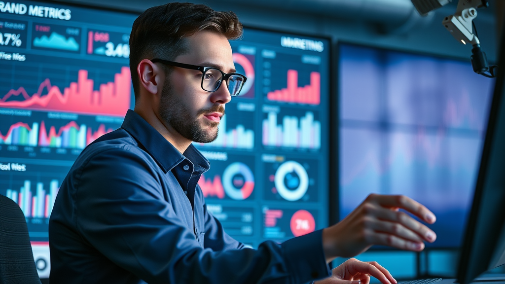 Analyst reviewing brand awareness metrics and analytics on a digital dashboard in a modern workspace