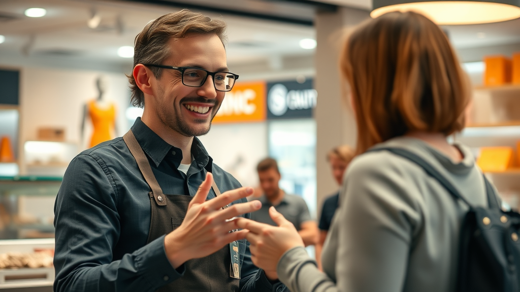 brand loyalty: inspiring customer service scenario with attentive staff member assisting a happy customer in a bright, modern, branded environment.