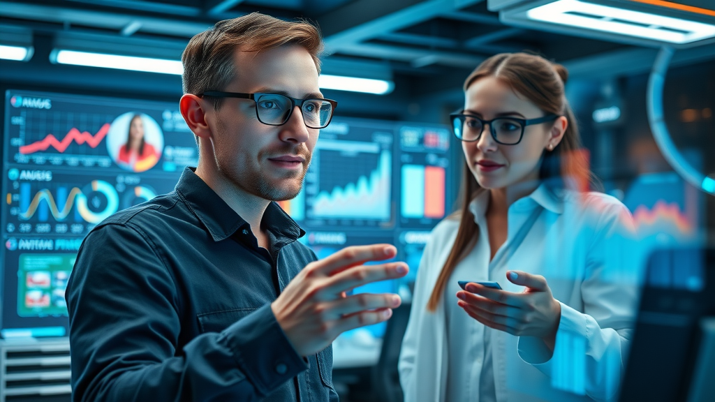 innovative marketers exploring AR and AI-powered video analytics dashboards in a futuristic digital lab