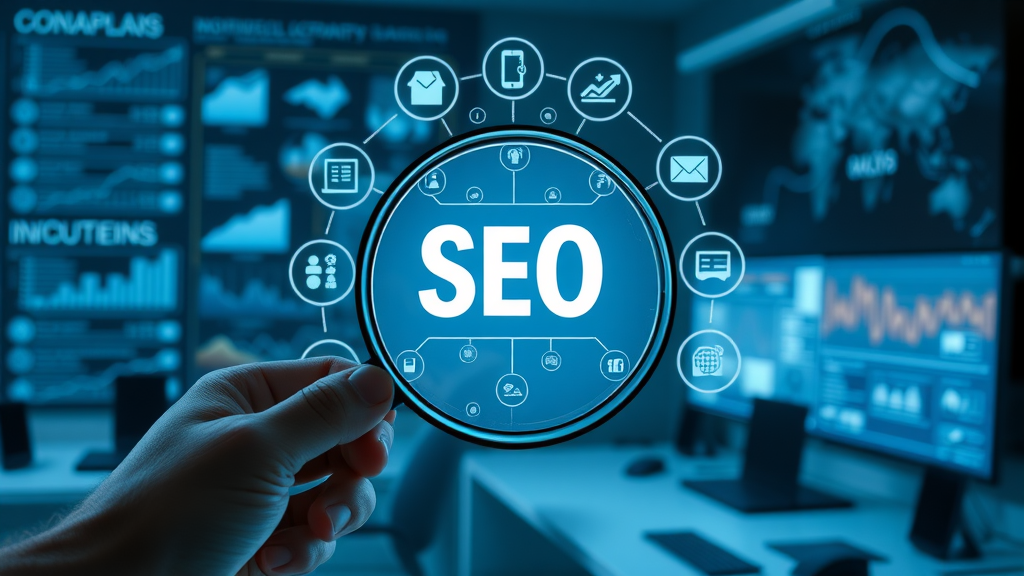 Infographic showing SEO ranking factor icons centered on content quality for SEO ranking