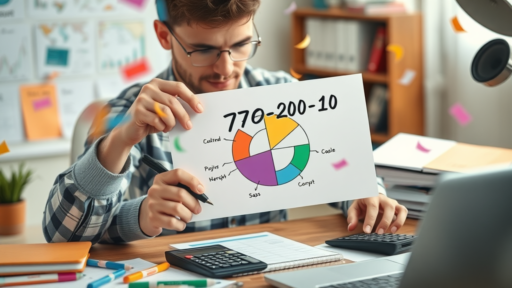 Detail-oriented marketer drawing 70-20-10 budget allocation pie chart for small business marketing plan