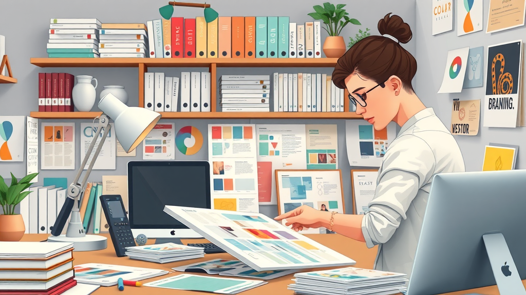 designer arranging color palettes and typography while developing visual style guide in creative workspace