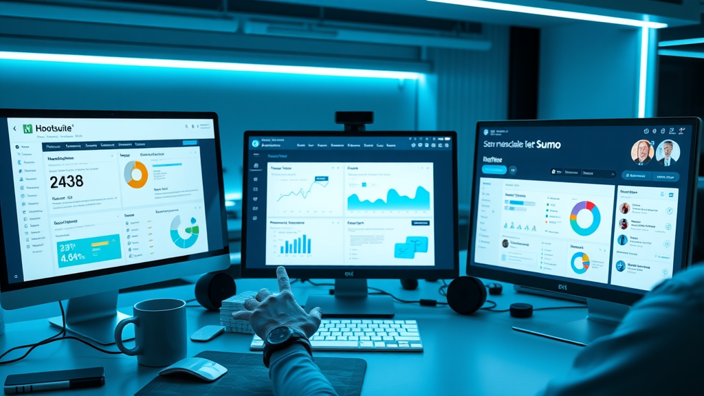 media manager workspace displaying Hootsuite, Canva, BuzzSumo, and Sprout Social dashboards for social media strategy