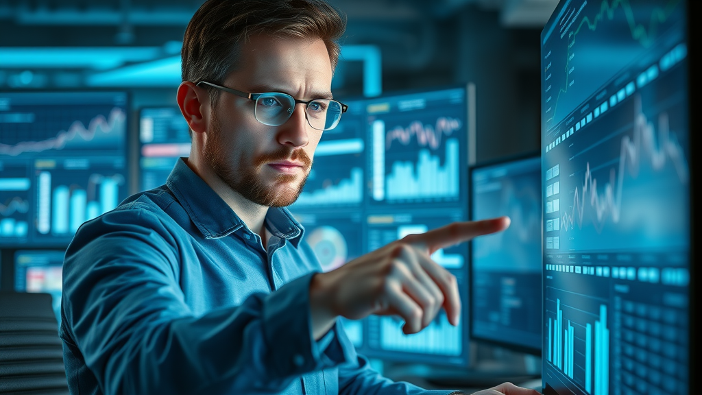 Data scientist analyzing social media algorithm performance with interactive charts