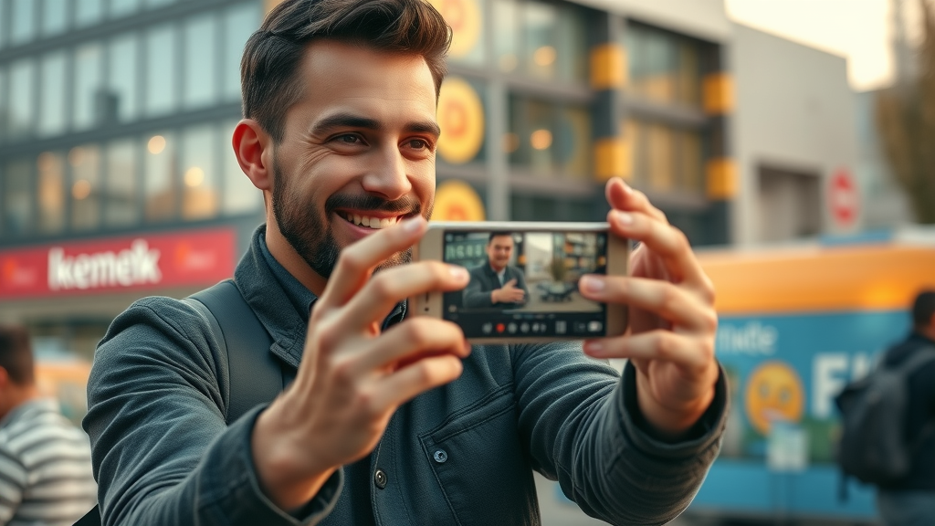 confident influencer creating branded video for social media marketing strategy in an urban setting