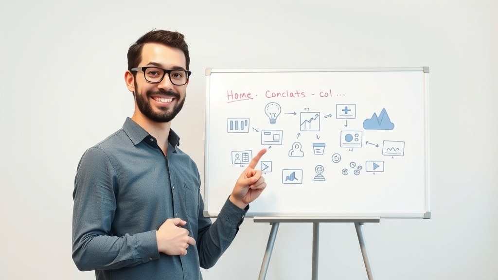 explainer video presenter using whiteboard graphics, clearly communicating a concept with engaging visuals