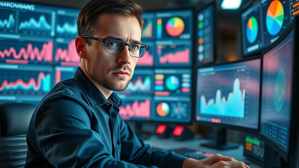 Analyst in digital operations center monitoring real-time social media advertising analytics, multiscreen data flows, scrolling charts
