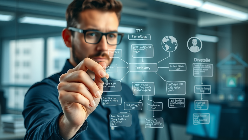 SEO specialist mapping core on-page SEO principles for search engine optimization on a transparent screen.