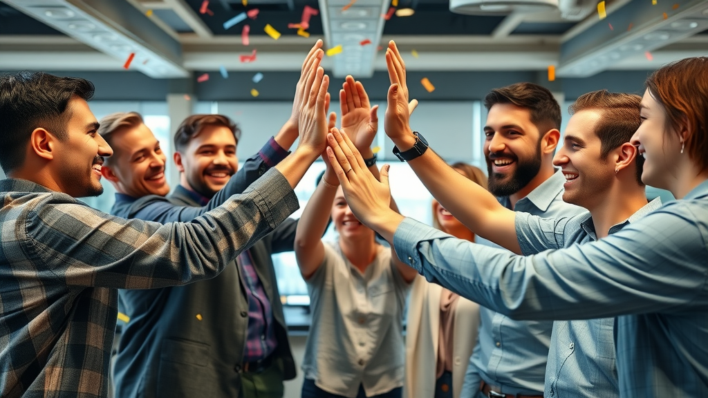 Victorious startup celebrating with fractional CMO after growth milestone, digital branding, high-five, energetic team